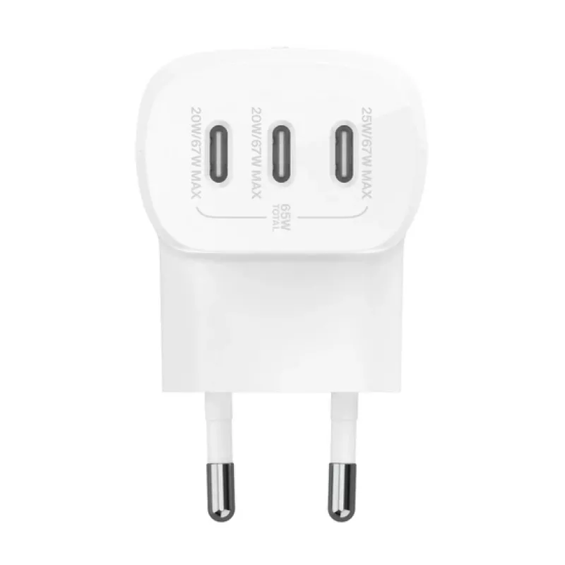 BELKIN Ładowarka ścienna - Boostcharge - Ładowarka USB-C 3-portowa - Z PPS 67 W - Biała