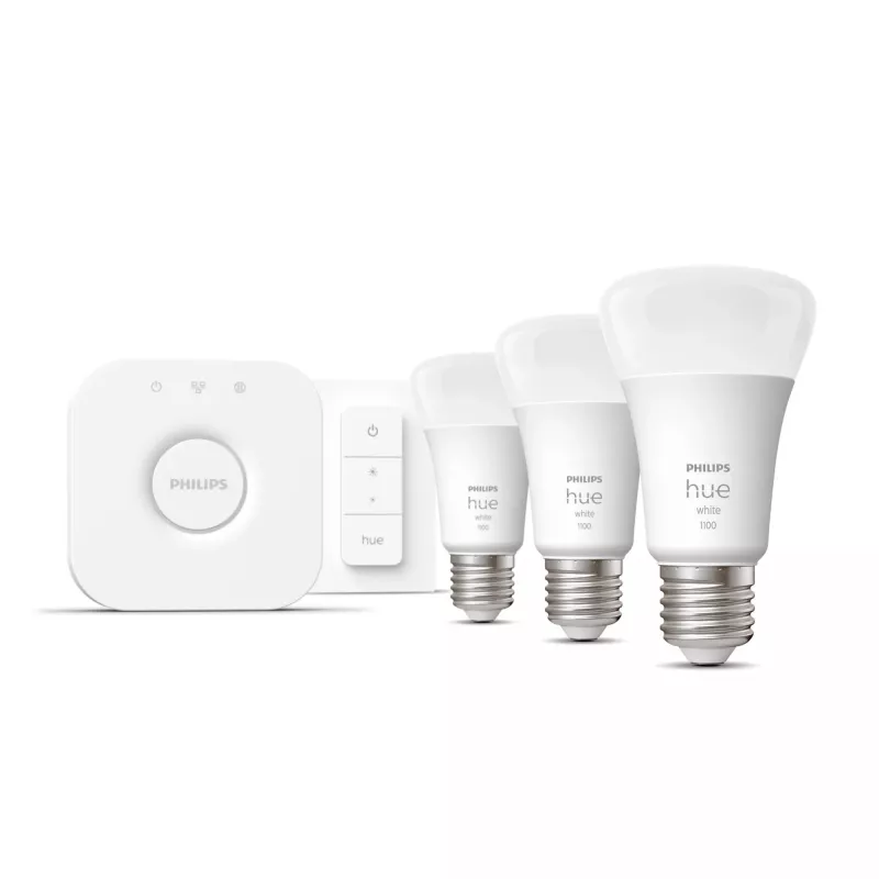 Zestaw startowy Philips Hue White: 3 inteligentne żarówki E27 (1100) + ściemniacz