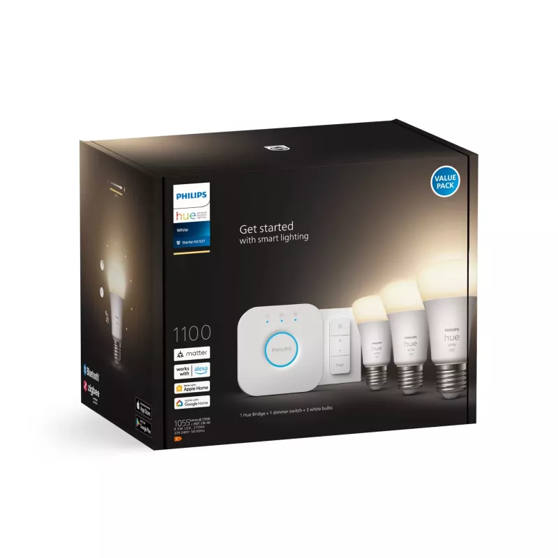 Zestaw startowy Philips Hue White: 3 inteligentne żarówki E27 (1100) + ściemniacz