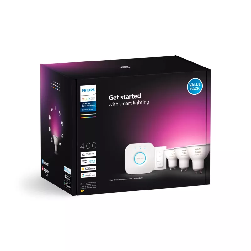 Philips Hue biały and colour ambience Zestaw startowy: 3 inteligentne reflektory GU10 + ściemniacz