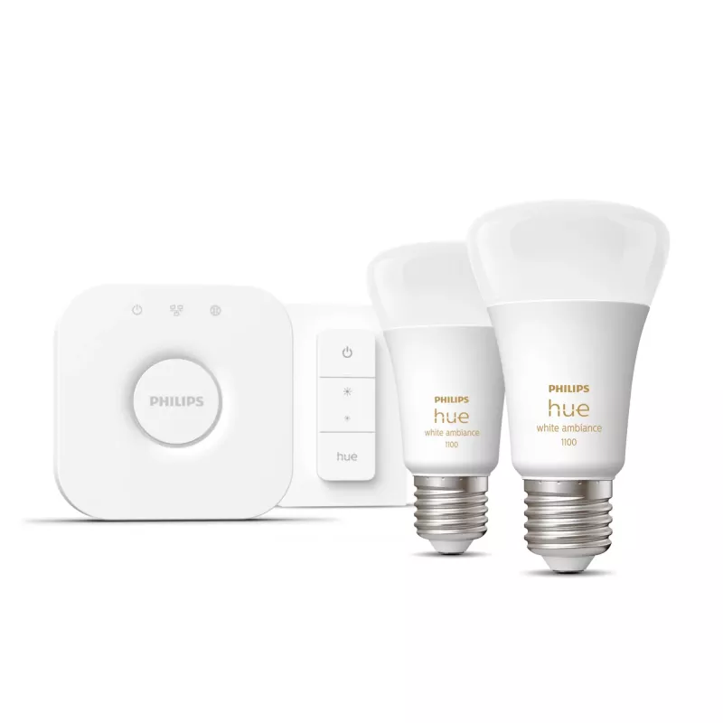 Philips Hue biały ambience Zestaw startowy: 2 inteligentne żarówki E27 (1100) + przełącznik ściemniający