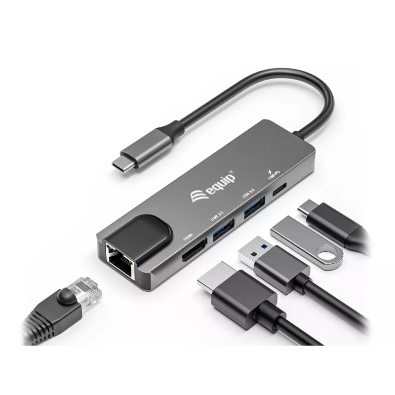 Equip USB-C 5 w 1 Adapter wielofunkcyjny, HDMI, Gigabit LAN, USB 3.2 GEN1, 100W USB PD