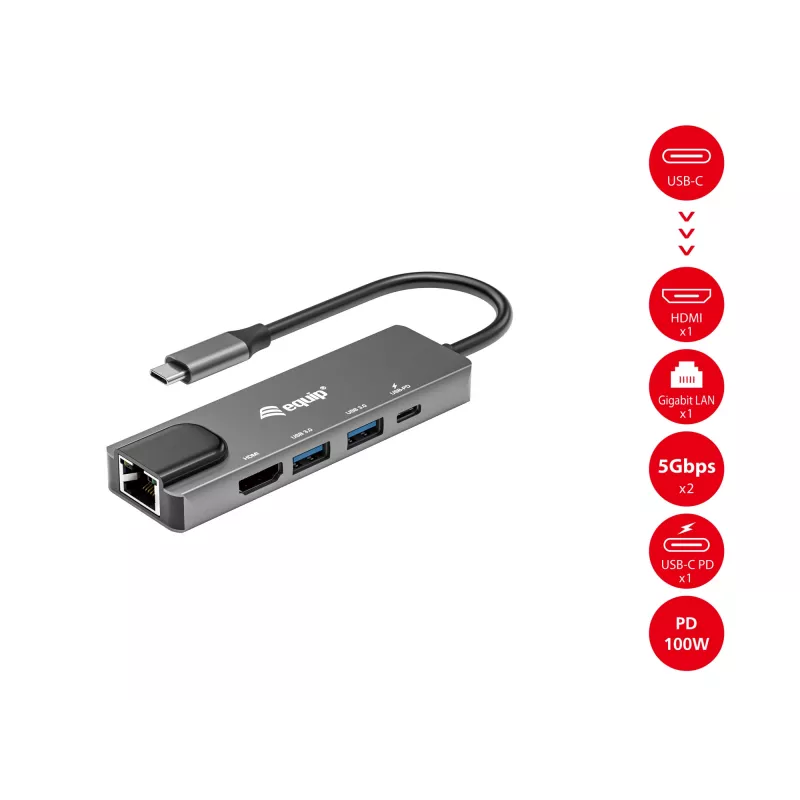 Equip USB-C 5 w 1 Adapter wielofunkcyjny, HDMI, Gigabit LAN, USB 3.2 GEN1, 100W USB PD