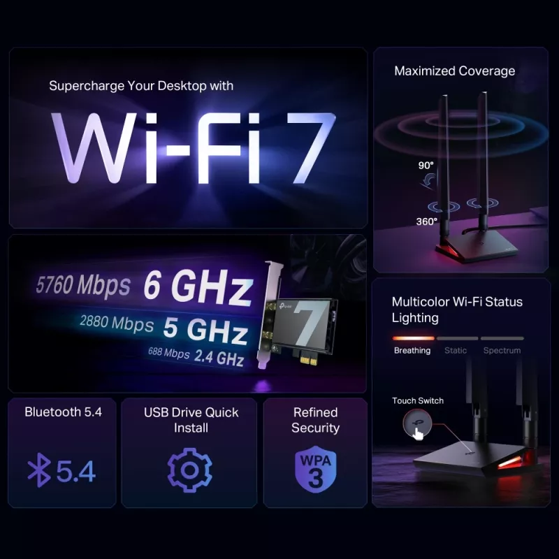 Adapter TP-Link Archer BE9300 Wi-Fi 7 Bluetooth 5.4 PCIe
