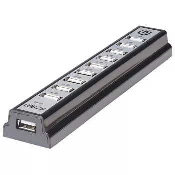 Koncentrator biurkowy Manhattan USB-A z 10 portami, 10 portów USB-A, 480 Mbps (USB 2.0), zasilany przez USB lub zewnętrzny zasilacz (nie dołączono) dla zwiększonej mocy podłączonych urządzeń