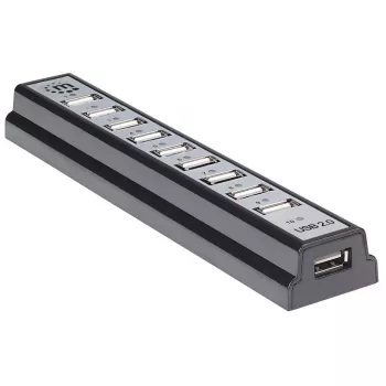 Koncentrator biurkowy Manhattan USB-A z 10 portami, 10 portów USB-A, 480 Mbps (USB 2.0), zasilany przez USB lub zewnętrzny zasilacz (nie dołączono) dla zwiększonej mocy podłączonych urządzeń