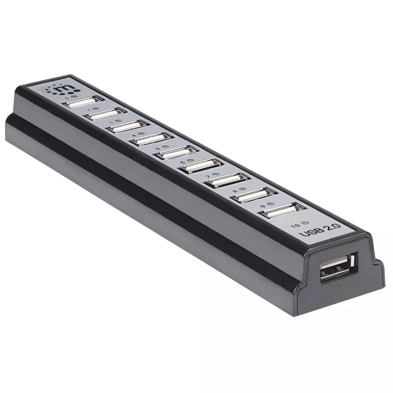 Koncentrator biurkowy Manhattan USB-A z 10 portami, 10 portów USB-A, 480 Mbps (USB 2.0), zasilany przez USB lub zewnętrzny zasilacz (nie dołączono) dla zwiększonej mocy podłączonych urządzeń