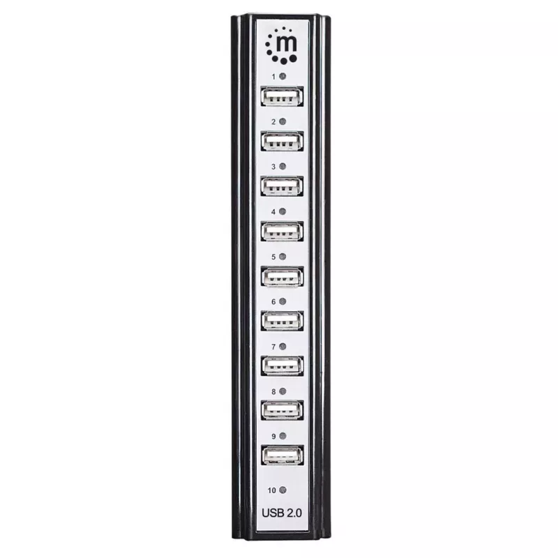 Koncentrator biurkowy Manhattan USB-A z 10 portami, 10 portów USB-A, 480 Mbps (USB 2.0), zasilany przez USB lub zewnętrzny zasilacz (nie dołączono) dla zwiększonej mocy podłączonych urządzeń