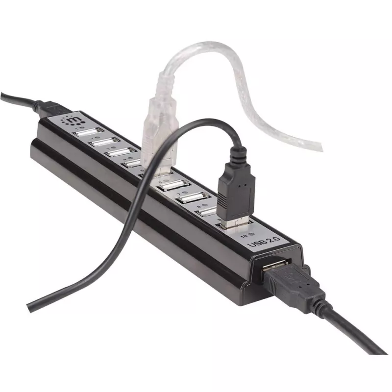 Koncentrator biurkowy Manhattan USB-A z 10 portami, 10 portów USB-A, 480 Mbps (USB 2.0), zasilany przez USB lub zewnętrzny zasilacz (nie dołączono) dla zwiększonej mocy podłączonych urządzeń