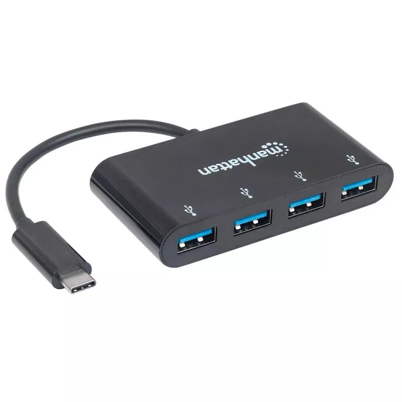 Stacja dokujaca/Hub Manhattan USB-C, Porty (x4): USB-A (x4), 5 Gbps (USB 3.2 Gen1 znany jako USB 3.0), Zasilany przez USB (nie wymaga zewnętrznego zasilacza), Kabel 20cm, Odpowiednik HB30C4AB