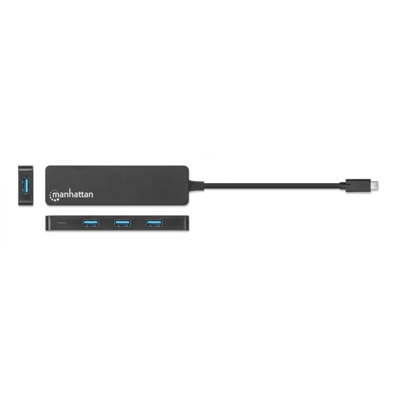 Manhattan USB-C Dock/Hub, Porty (4): USB-A (x4), 5 Gb/s (USB 3.2 Gen1 znane jako USB 3.0), zasilany przez USB (brak wymaganego zewnętrznego zasilacza), odpowiednik HB30CM4AB