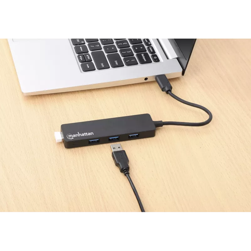 Manhattan USB-C Dock/Hub, Porty (4): USB-A (x4), 5 Gb/s (USB 3.2 Gen1 znane jako USB 3.0), zasilany przez USB (brak wymaganego zewnętrznego zasilacza), odpowiednik HB30CM4AB