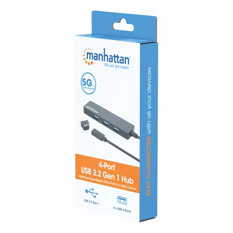 Manhattan USB-C Dock/Hub, Porty (4): USB-A (x4), 5 Gb/s (USB 3.2 Gen1 znane jako USB 3.0), zasilany przez USB (brak wymaganego zewnętrznego zasilacza), odpowiednik HB30CM4AB