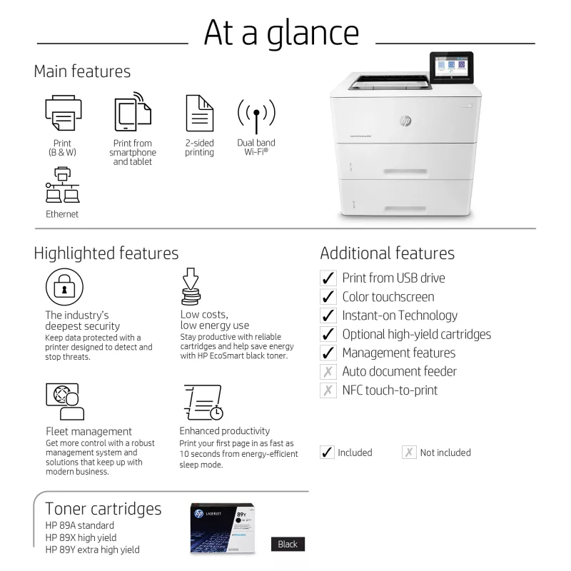 HP LaserJet Enterprise M507x, Laser, 1200 x 1200 DPI, A4, 43 ppm, drukowanie dwustronne, gotowość sieciowa