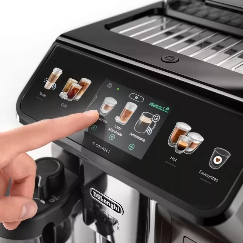 Ekspres kolbowy De’Longhi ECAM450.86.T — w pełni automatyczny, zbiornik na wodę 1,8 l, pojemnik na ziarna 300 g, 19 bar, wbudowany młynek, wyświetlacz TFT