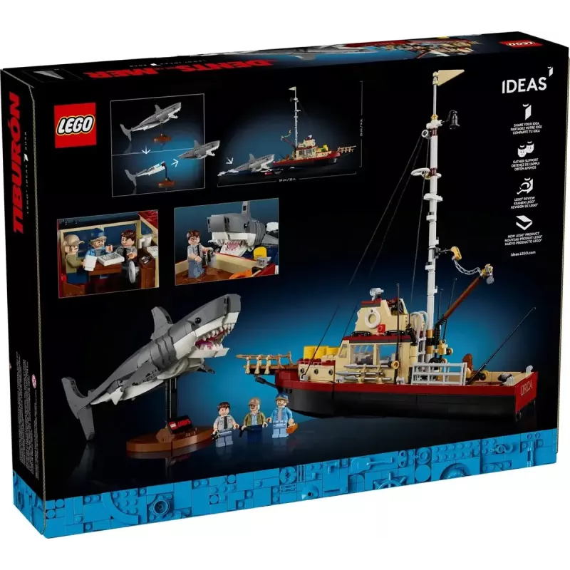 Zestaw klocków konstrukcyjnych LEGO Ideas 21350 Szczęki — 1497 elementów, 3 minifigurki, łódź i kultowy rekin, zalecany wiek 18+