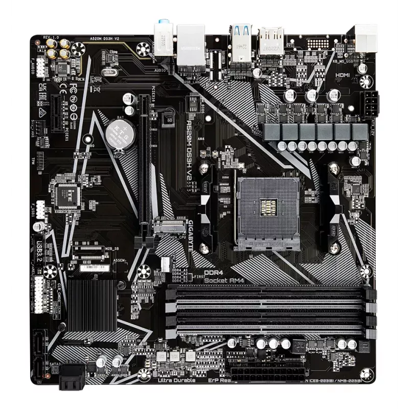 Płyta główna GIGABYTE A520M DS3H V2 - obsługuje procesory AMD Ryzen 5000 Series AM4, do 4733MHz DDR4 (OC), PCIe 3.0 x16, GbE LAN, USB 3.2 Gen 1