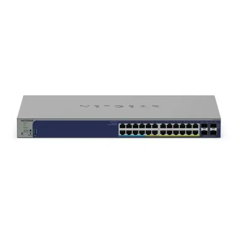 Zarządzalny przełącznik Gigabit PoE Netgear GS728TXUP — 24 × 10/100/1000 RJ-45, 128 Gbps, 1U, montaż w szafie
