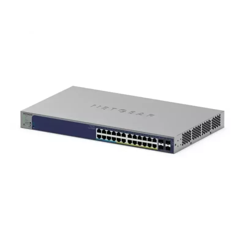 Zarządzalny przełącznik Gigabit PoE Netgear GS728TXUP — 24 × 10/100/1000 RJ-45, 128 Gbps, 1U, montaż w szafie