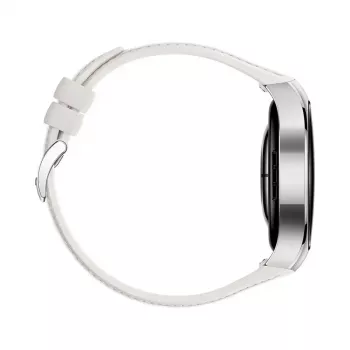 Smartwatch HUAWEI WATCH 5 — okrągła koperta ze stali nierdzewnej 42 mm, wyświetlacz AMOLED 1,38 cala, GPS, Bluetooth, bateria 540 mAh, koperta w kolorze beżowym z białym paskiem