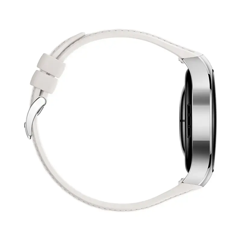 Smartwatch HUAWEI WATCH 5 — okrągła koperta ze stali nierdzewnej 42 mm, wyświetlacz AMOLED 1,38 cala, GPS, Bluetooth, bateria 540 mAh, koperta w kolorze beżowym z białym paskiem