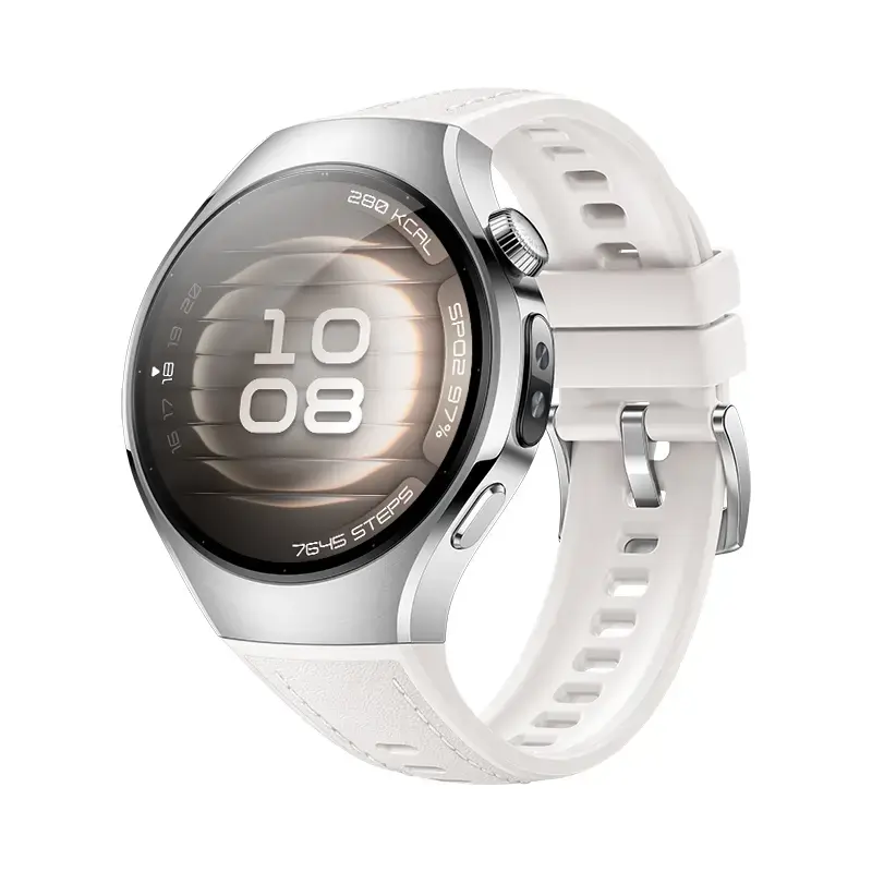 Smartwatch HUAWEI WATCH 5 — okrągła koperta ze stali nierdzewnej 42 mm, wyświetlacz AMOLED 1,38 cala, GPS, Bluetooth, bateria 540 mAh, koperta w kolorze beżowym z białym paskiem