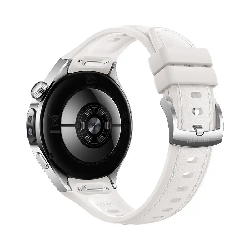 Smartwatch HUAWEI WATCH 5 — okrągła koperta ze stali nierdzewnej 42 mm, wyświetlacz AMOLED 1,38 cala, GPS, Bluetooth, bateria 540 mAh, koperta w kolorze beżowym z białym paskiem