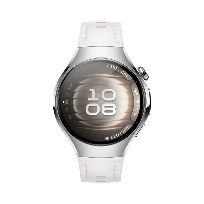 Smartwatch HUAWEI WATCH 5 — okrągła koperta ze stali nierdzewnej 42 mm, wyświetlacz AMOLED 1,38 cala, GPS, Bluetooth, bateria 540 mAh, koperta w kolorze beżowym z białym paskiem
