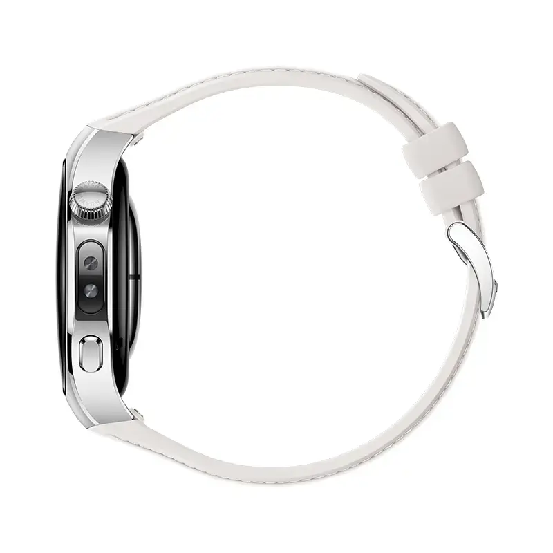 Smartwatch HUAWEI WATCH 5 — okrągła koperta ze stali nierdzewnej 42 mm, wyświetlacz AMOLED 1,38 cala, GPS, Bluetooth, bateria 540 mAh, koperta w kolorze beżowym z białym paskiem