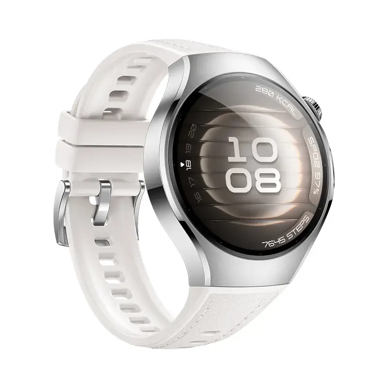 Smartwatch HUAWEI WATCH 5 — okrągła koperta ze stali nierdzewnej 42 mm, wyświetlacz AMOLED 1,38 cala, GPS, Bluetooth, bateria 540 mAh, koperta w kolorze beżowym z białym paskiem