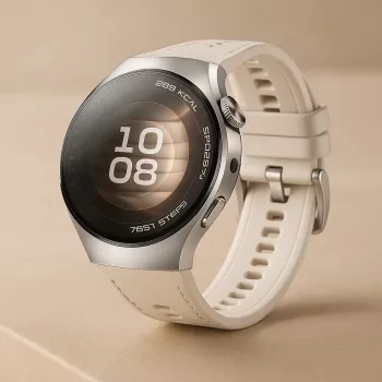 Smartwatch HUAWEI WATCH 5 — okrągła koperta ze stali nierdzewnej 42 mm, wyświetlacz AMOLED 1,38 cala, GPS, Bluetooth, bateria 540 mAh, koperta w kolorze beżowym z białym paskiem