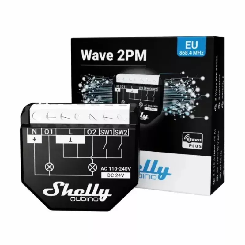 Inteligentny przełącznik Shelly WAVE 2PM Czarny (Shelly) — bezprzewodowy Z-Wave, 16 A, 110–240 V, 868,4 MHz