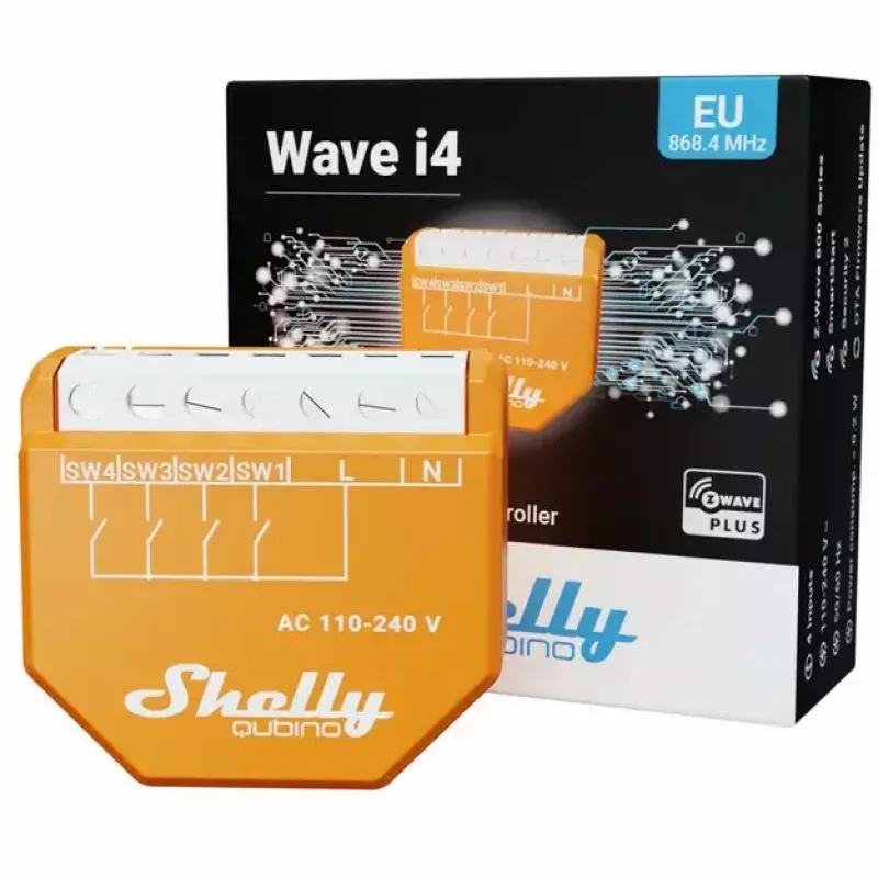 Inteligentny przełącznik Shelly Qubino Wave i4 — bezprzewodowy kontroler scen 110–240 V, 16 A, 50/60 Hz, pomarańczowy
