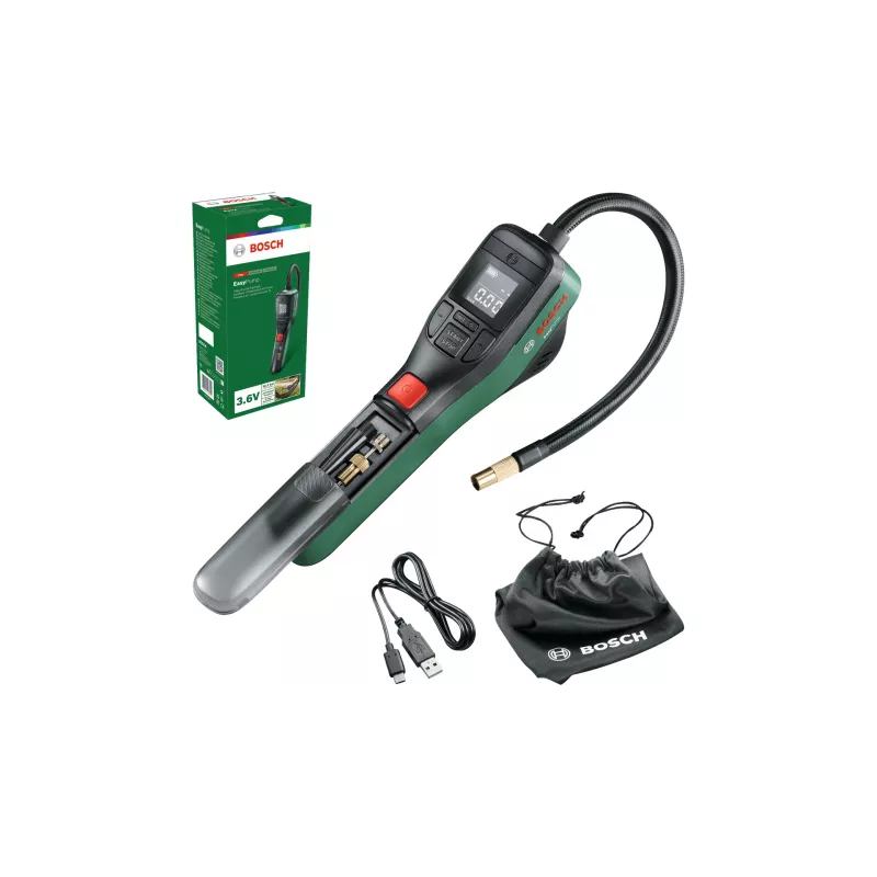 Elektryczna pompka powietrza Bosch 0.603.947.000 — przenośna, akumulatorowa, 10 bar (150–150 psi), 3000 mAh, USB‑C, 10 l/min, z wężem i akcesoriami