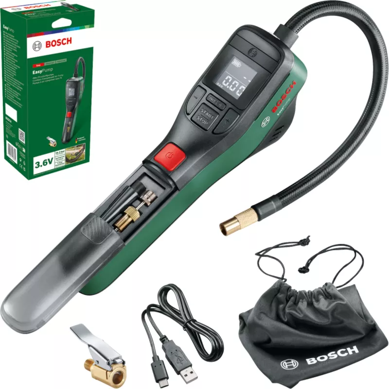 Elektryczna pompka powietrza Bosch 0.603.947.000 — przenośna, akumulatorowa, 10 bar (150–150 psi), 3000 mAh, USB‑C, 10 l/min, z wężem i akcesoriami