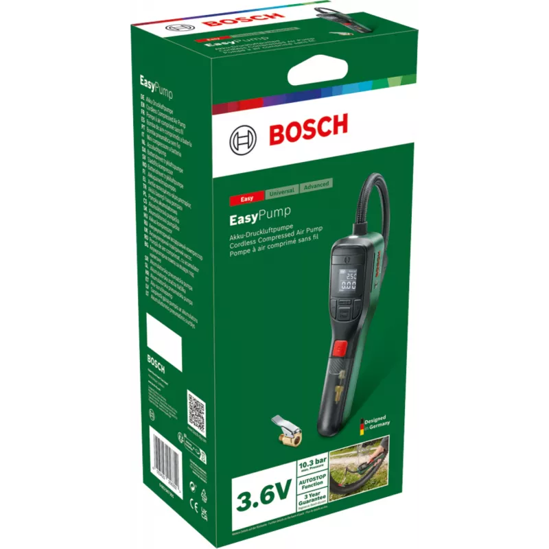 Elektryczna pompka powietrza Bosch 0.603.947.000 — przenośna, akumulatorowa, 10 bar (150–150 psi), 3000 mAh, USB‑C, 10 l/min, z wężem i akcesoriami
