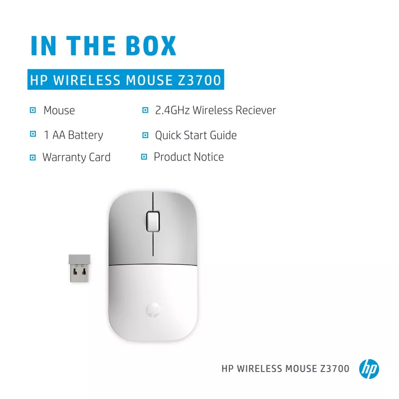 Mysz bezprzewodowa HP Z3700 Ceramic White, oburęczna, optyczna, RF, 1200 DPI, srebrna, biała