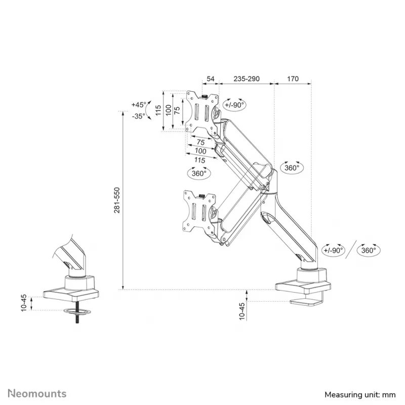 Uchwyt do monitora Neomounts DS70-450WH1 17-42 cala - gazowy - Topfix - ogranicznik 180°