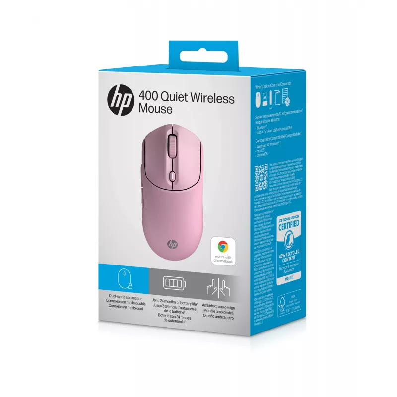 Mysz bezprzewodowa HP 400 Quiet Pink, oburęczna, RF + Bluetooth, 6000 DPI, różowa