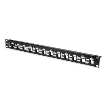 Panel krosowy modularny DIGITUS, ekranowany, 24-portowy, nieobsadzony, 1U, montaż w szafie rack, naprzemienny, kolor czarny RAL 9005