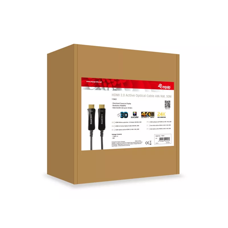 Equip HDMI 2.0 Active Optical kabel AM/AM, 50m, 4K/60Hz, 50 m, HDMI Typ A (Standard), HDMI Typ A (Standard), 3D, Czarny