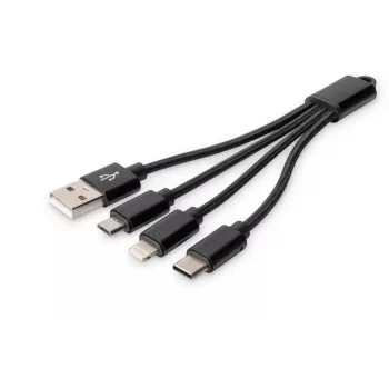 Kabel ładujący DIGITUS USB A - Lightning+micro B+Type-C M/M/M/M 15 cm, 3 w 1, bawełniany oplot, CE, czarny