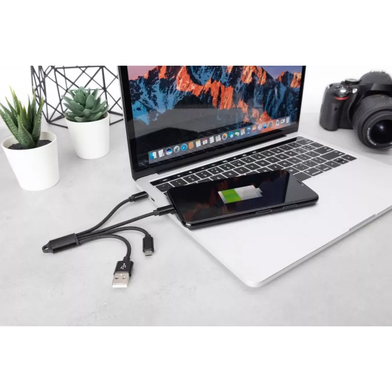 Kabel ładujący DIGITUS USB A - Lightning+micro B+Type-C M/M/M/M 15 cm, 3 w 1, bawełniany oplot, CE, czarny
