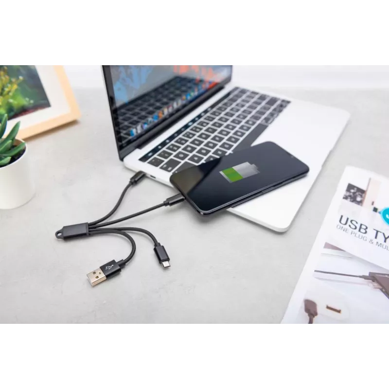 Kabel ładujący DIGITUS USB A - Lightning+micro B+Type-C M/M/M/M 15 cm, 3 w 1, bawełniany oplot, CE, czarny
