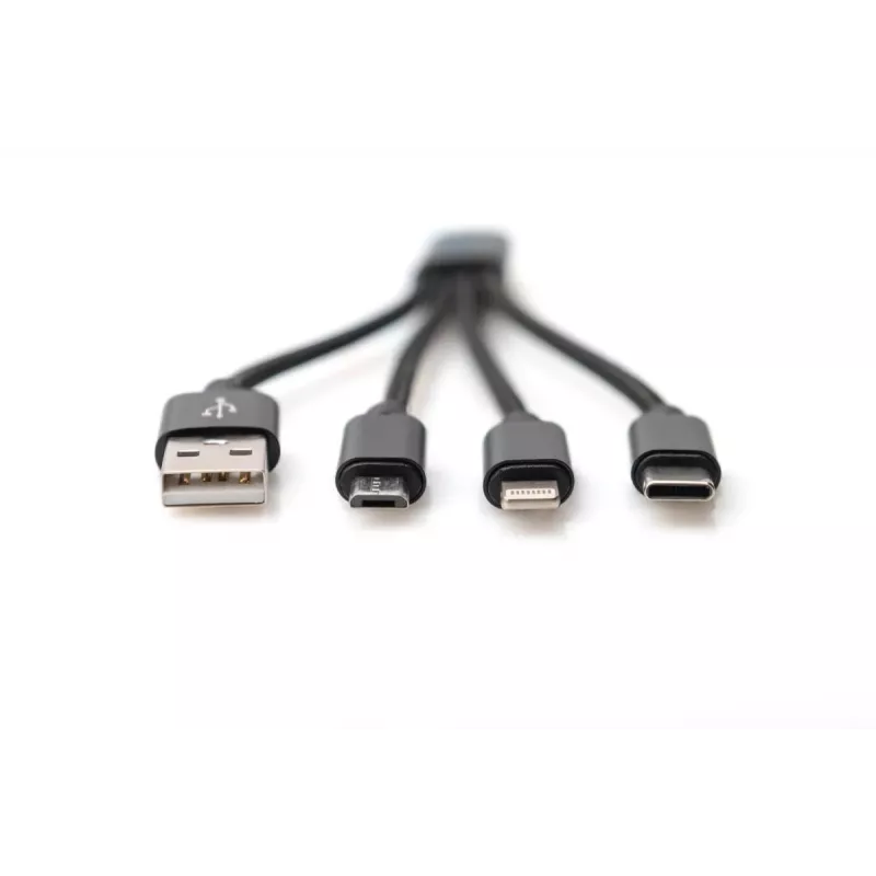 Kabel ładujący DIGITUS USB A - Lightning+micro B+Type-C M/M/M/M 15 cm, 3 w 1, bawełniany oplot, CE, czarny