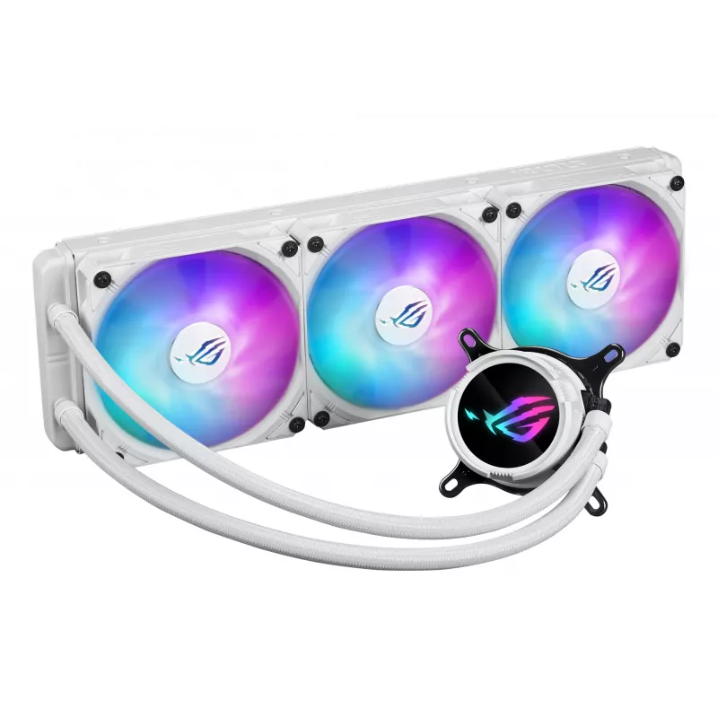 Zestaw chłodzenia cieczą ASUS ROG Strix LC III 360 ARGB biały Edition — chłodnica 360 mm, 3 wentylatory ARGB 120 mm, wyświetlacz LCD, miedziana podstawa