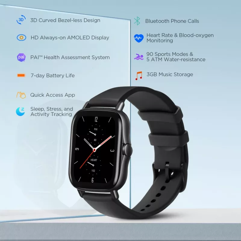 Amazfit GTS 2 4,19 cm (1,65 cala) AMOLED 43 mm Cyfrowy 348 x 442 pikseli Ekran dotykowy Czarny Wi-Fi GPS (satelitarny)