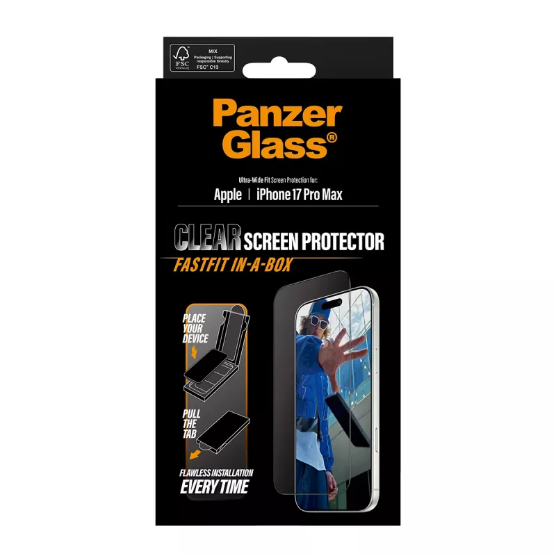 PanzerGlass ® Screen Protector iPhone 17 Pro Max | Ultra-Wide Fit z FASTFIT IN-A-BOX