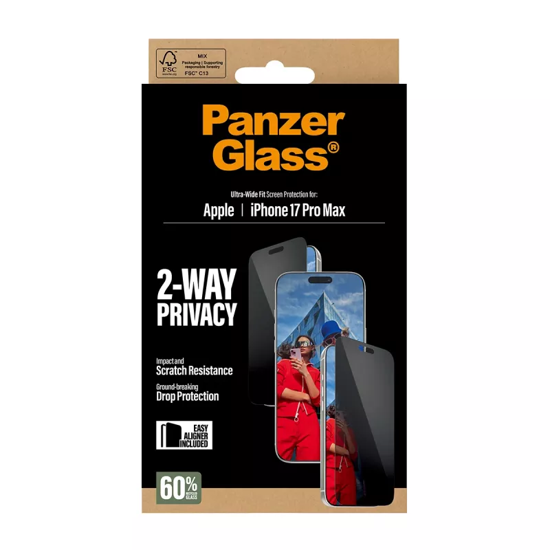 Osłona ekranu PanzerGlass 2-Way Privacy do iPhone 17 Pro Max — szkło hartowane, ultra-szerokie dopasowanie, EasyAligner