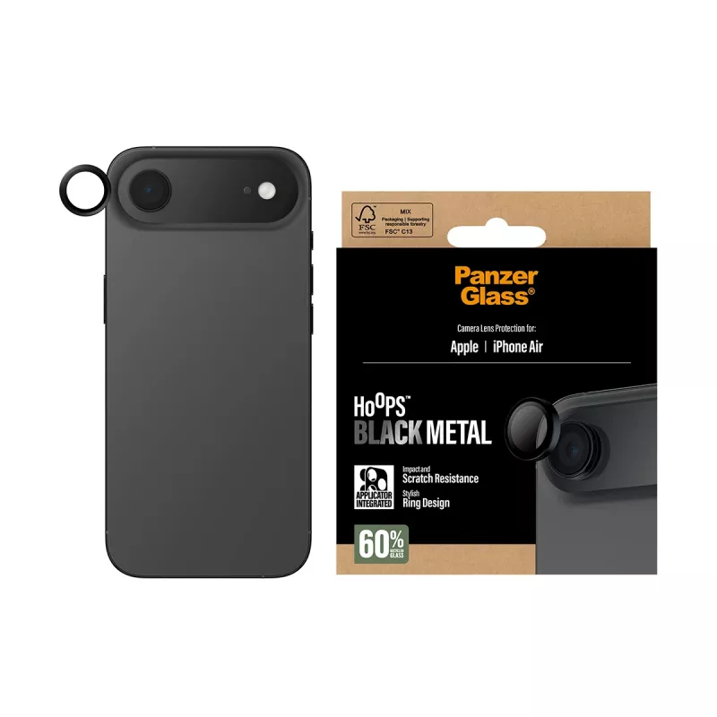 Ochrona obiektywu aparatu PanzerGlass Hoops dla iPhone Air — szkło hartowane, czarne, odporne na zarysowania i wstrząsy